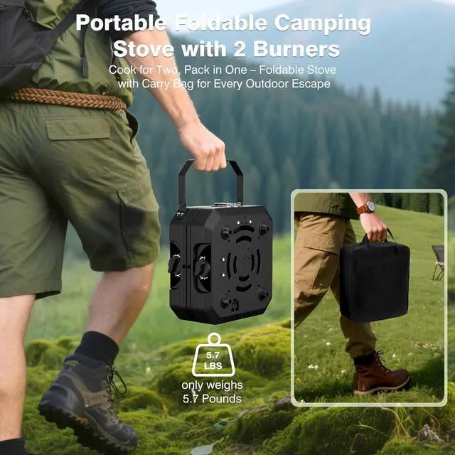 Alt view image 2 of 7 - Portable Foldable Propane Camping Stove with 2 Independent Burners, Adjustable Heat Output and Carry Bag for Outdoor Cooking Tailgating Backyard BBQ