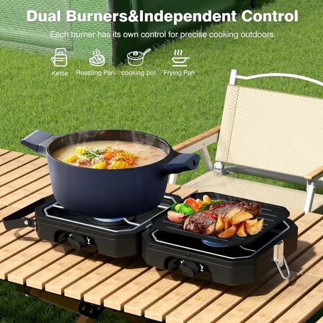 Alt view image 3 of 7 - Portable Foldable Propane Camping Stove with 2 Independent Burners, Adjustable Heat Output and Carry Bag for Outdoor Cooking Tailgating Backyard BBQ