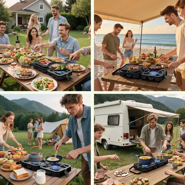 Alt view image 6 of 7 - Portable Foldable Propane Camping Stove with 2 Independent Burners, Adjustable Heat Output and Carry Bag for Outdoor Cooking Tailgating Backyard BBQ