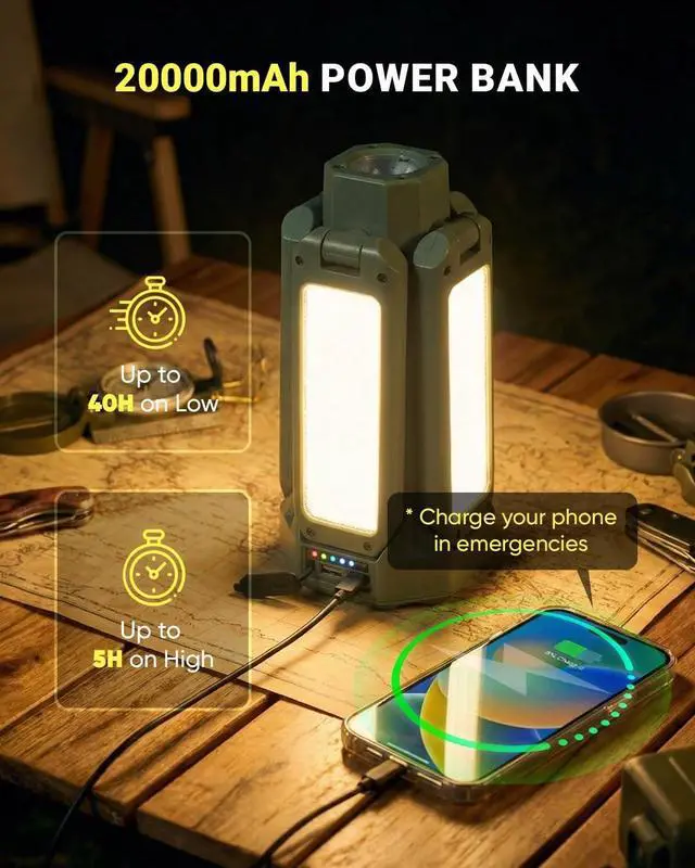 Alt view image 3 of 6 - 6500LM Foldable Leaf Camping Lantern with Telescopic Tripod Stand, 20000mAh Rechargeable LED Tent Light with Detachable Flashlight Magnetic Base for Outdoor Camping Emergency Garage Repair