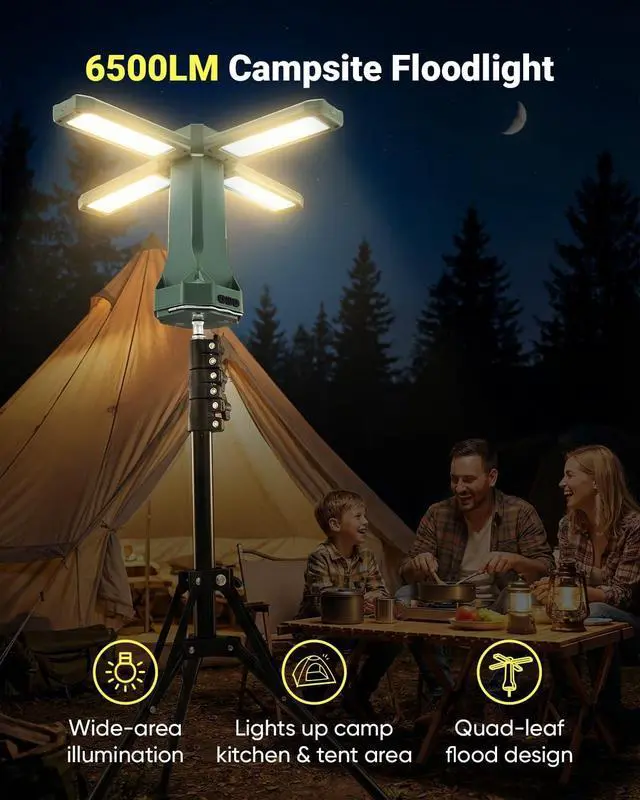 Alt view image 2 of 6 - 6500LM Foldable Leaf Camping Lantern with Telescopic Tripod Stand, 20000mAh Rechargeable LED Tent Light with Detachable Flashlight Magnetic Base for Outdoor Camping Emergency Garage Repair