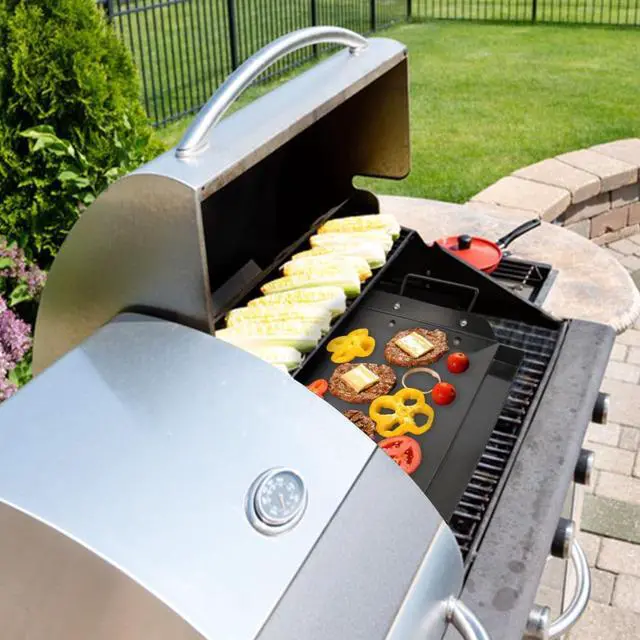 Alt view image 6 of 7 - 18" x 12" Nonstick Cast Iron Griddle with Grease Tray for Gas Charcoal Grills, Heavy-Duty Flat Top Griddle for Indoor Outdoor Cooking Camping Parties