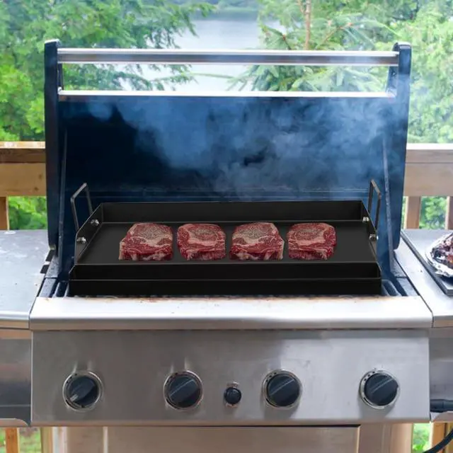 Alt view image 7 of 7 - 18" x 12" Nonstick Cast Iron Griddle with Grease Tray for Gas Charcoal Grills, Heavy-Duty Flat Top Griddle for Indoor Outdoor Cooking Camping Parties