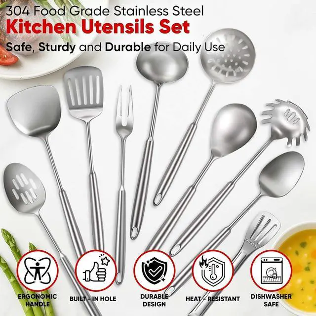 Alt view image 5 of 7 - 12-Piece 304 Stainless Steel Kitchen Utensils Set, Food Grade Rust Resistant Cooking Tools with Spatula Ladle Skimmer Pasta Spoon and More, Ergonomic Hollow Handle Dishwasher Safe Kitchen Accessories