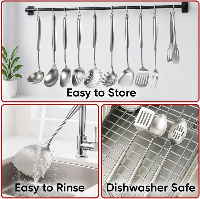 Alt view image 6 of 7 - 12-Piece 304 Stainless Steel Kitchen Utensils Set, Food Grade Rust Resistant Cooking Tools with Spatula Ladle Skimmer Pasta Spoon and More, Ergonomic Hollow Handle Dishwasher Safe Kitchen Accessories