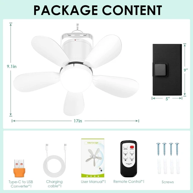 Alt view image 4 of 7 - Solar Foldable Ceiling Fan Light with Remote Control, Portable Wireless Battery Operated Fan with 15W Solar Panel for Camping RV Tent Patio Canopy Gazebo