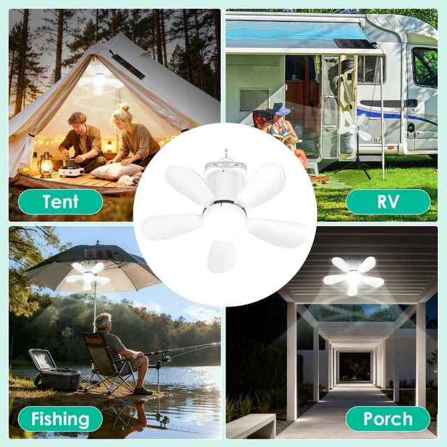 Alt view image 6 of 7 - Solar Foldable Ceiling Fan Light with Remote Control, Portable Wireless Battery Operated Fan with 15W Solar Panel for Camping RV Tent Patio Canopy Gazebo