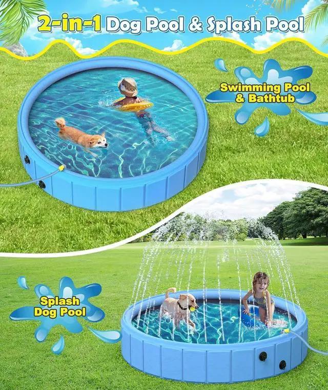 Alt view image 2 of 7 - 79 Inch Large Foldable Dog Pool, 0.55MM PVC 2-in-1 Portable Bathtub & Sprinkler, Heavy Duty Non-Slip Summer Water Toy for Dogs, Cats, Kids