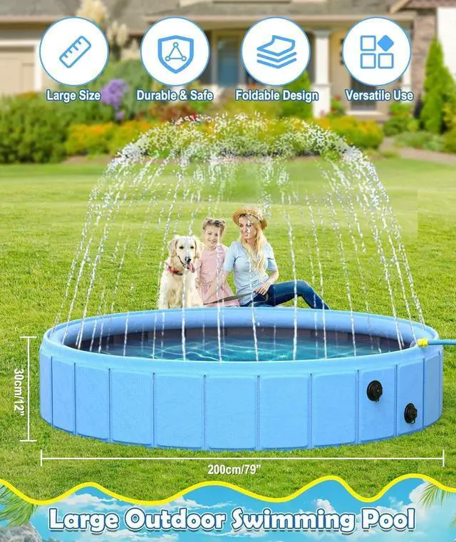 Alt view image 3 of 7 - 79 Inch Large Foldable Dog Pool, 0.55MM PVC 2-in-1 Portable Bathtub & Sprinkler, Heavy Duty Non-Slip Summer Water Toy for Dogs, Cats, Kids