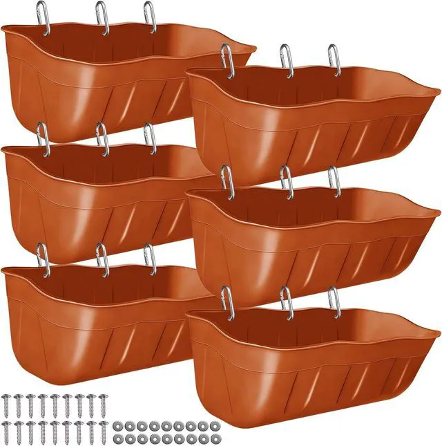 Main image of 6 Pack 7.5 Quart Hanging Livestock Feed Trough BPA Free Plastic Poultry Feeder Waterer Fence Mount Feed Container for Chickens Ducks Goats Small Animals Terracotta