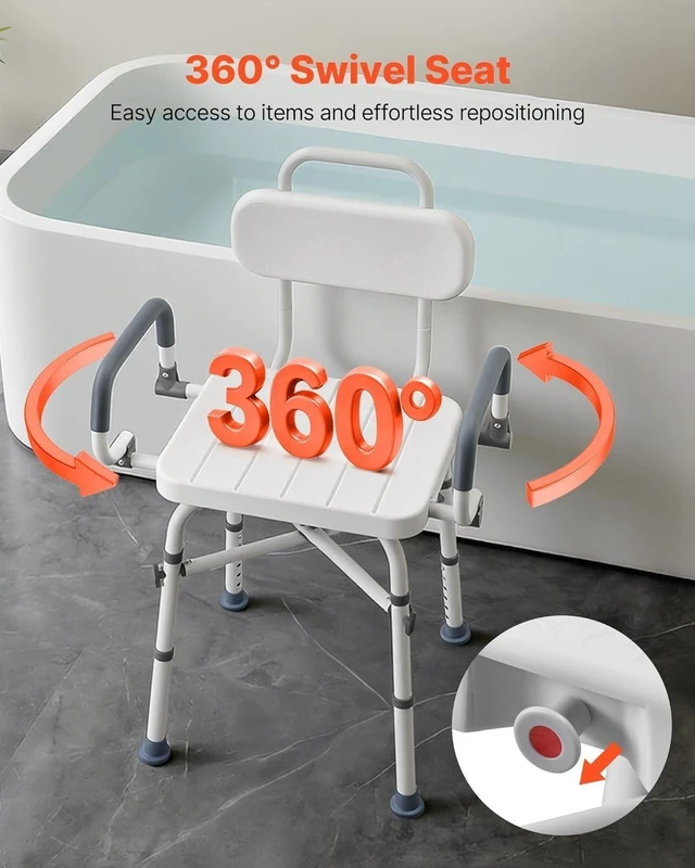 Alt view image 2 of 6 - 360° Swivel Shower Chair with Arms and Back, 500 lbs Heavy Duty, Height Adjustable Bath Bench for Shower Stall, Bathtub, Adults, Seniors, Disabled