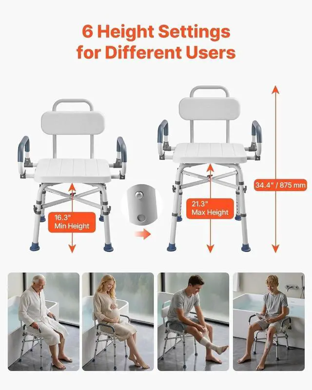 Alt view image 4 of 6 - 360° Swivel Shower Chair with Arms and Back, 500 lbs Heavy Duty, Height Adjustable Bath Bench for Shower Stall, Bathtub, Adults, Seniors, Disabled