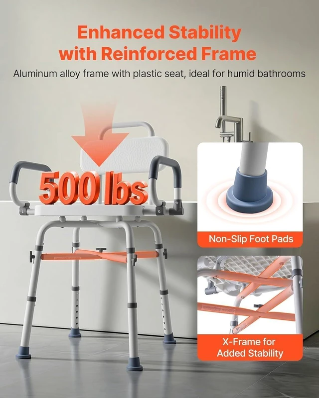 Alt view image 5 of 6 - 360° Swivel Shower Chair with Arms and Back, 500 lbs Heavy Duty, Height Adjustable Bath Bench for Shower Stall, Bathtub, Adults, Seniors, Disabled