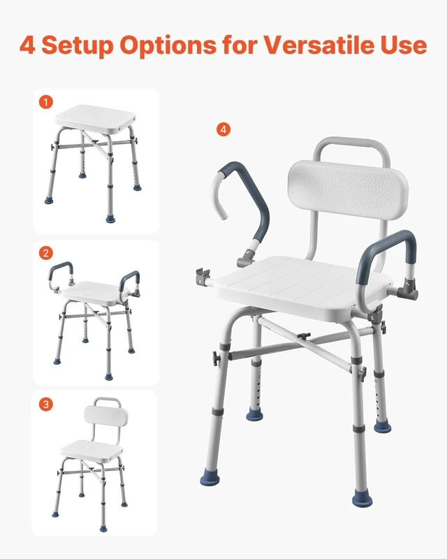 Alt view image 6 of 6 - 360° Swivel Shower Chair with Arms and Back, 500 lbs Heavy Duty, Height Adjustable Bath Bench for Shower Stall, Bathtub, Adults, Seniors, Disabled