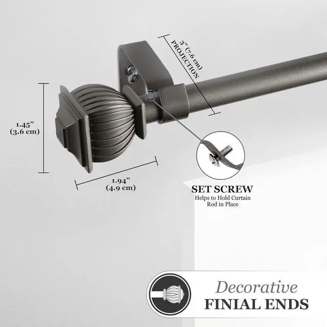 Alt view image 3 of 5 - Adjustable 48-86" Window Curtain Rod, 5/8" Diameter Steel Tube, Pewter Finish, Soft Square Finials, 4-Pack