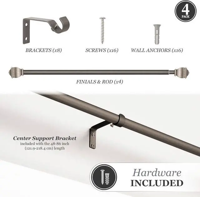Alt view image 4 of 5 - Adjustable 48-86" Window Curtain Rod, 5/8" Diameter Steel Tube, Pewter Finish, Soft Square Finials, 4-Pack