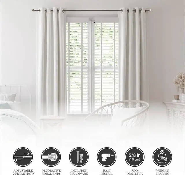 Alt view image 2 of 5 - Adjustable 48-86" Window Curtain Rod, 5/8" Diameter Steel Tube, Pewter Finish, Soft Square Finials, 4-Pack