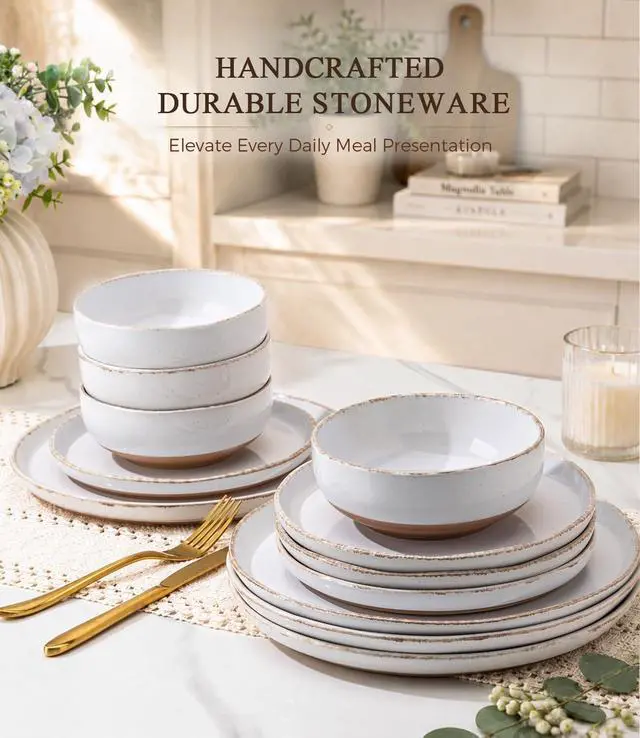 Alt view image 2 of 7 - 24-Piece White Stoneware Dinnerware Set for 8, Ceramic Plates and Bowls Combo with Wavy Rim, Scratch Resistant Tableware, Dishwasher Microwave Freezer Safe for Home Dining