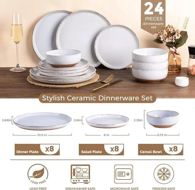 Alt view image 3 of 7 - 24-Piece White Stoneware Dinnerware Set for 8, Ceramic Plates and Bowls Combo with Wavy Rim, Scratch Resistant Tableware, Dishwasher Microwave Freezer Safe for Home Dining