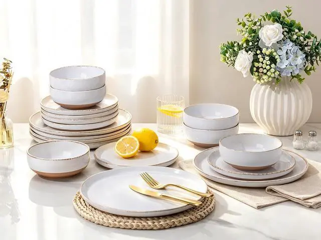Alt view image 4 of 7 - 24-Piece White Stoneware Dinnerware Set for 8, Ceramic Plates and Bowls Combo with Wavy Rim, Scratch Resistant Tableware, Dishwasher Microwave Freezer Safe for Home Dining
