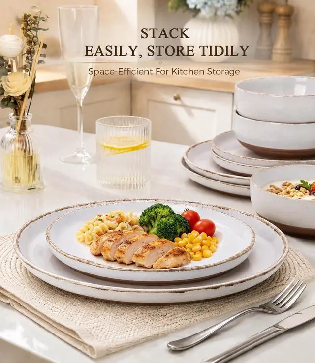 Alt view image 6 of 7 - 24-Piece White Stoneware Dinnerware Set for 8, Ceramic Plates and Bowls Combo with Wavy Rim, Scratch Resistant Tableware, Dishwasher Microwave Freezer Safe for Home Dining