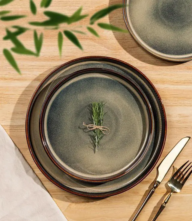 Alt view image 2 of 7 - 18-Piece Cocoa Mocha Ceramic Dinnerware Set for 6, Lightweight Porcelain Plates and Bowls with Double Reactive Glaze, Scratch Resistant, Oven Microwave Dishwasher Safe Stackable Tableware