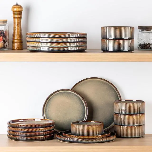 Alt view image 6 of 7 - 18-Piece Cocoa Mocha Ceramic Dinnerware Set for 6, Lightweight Porcelain Plates and Bowls with Double Reactive Glaze, Scratch Resistant, Oven Microwave Dishwasher Safe Stackable Tableware