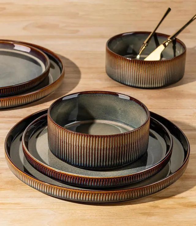 Alt view image 4 of 7 - 18-Piece Cocoa Mocha Ceramic Dinnerware Set for 6, Lightweight Porcelain Plates and Bowls with Double Reactive Glaze, Scratch Resistant, Oven Microwave Dishwasher Safe Stackable Tableware