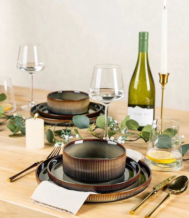 Alt view image 5 of 7 - 18-Piece Cocoa Mocha Ceramic Dinnerware Set for 6, Lightweight Porcelain Plates and Bowls with Double Reactive Glaze, Scratch Resistant, Oven Microwave Dishwasher Safe Stackable Tableware