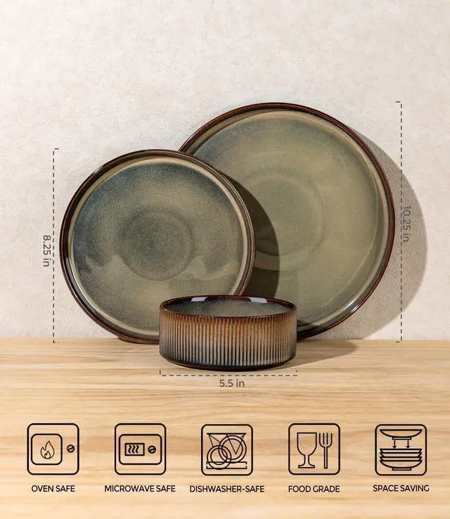 Alt view image 7 of 7 - 18-Piece Cocoa Mocha Ceramic Dinnerware Set for 6, Lightweight Porcelain Plates and Bowls with Double Reactive Glaze, Scratch Resistant, Oven Microwave Dishwasher Safe Stackable Tableware