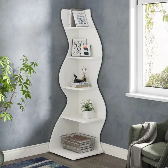 Alt view image 2 of 7 - 5-Tier Modern Wall Corner Bookshelf, Unique Sea Grass-Inspired Storage Rack Plant Stand, Stylish Small Corner Bookcase for Living Room Home Office, White (1PC)