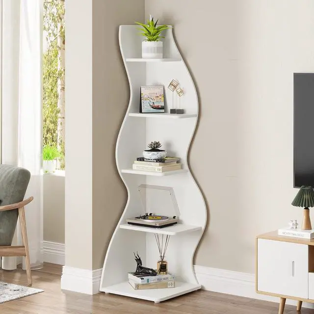 Alt view image 4 of 7 - 5-Tier Modern Wall Corner Bookshelf, Unique Sea Grass-Inspired Storage Rack Plant Stand, Stylish Small Corner Bookcase for Living Room Home Office, White (1PC)