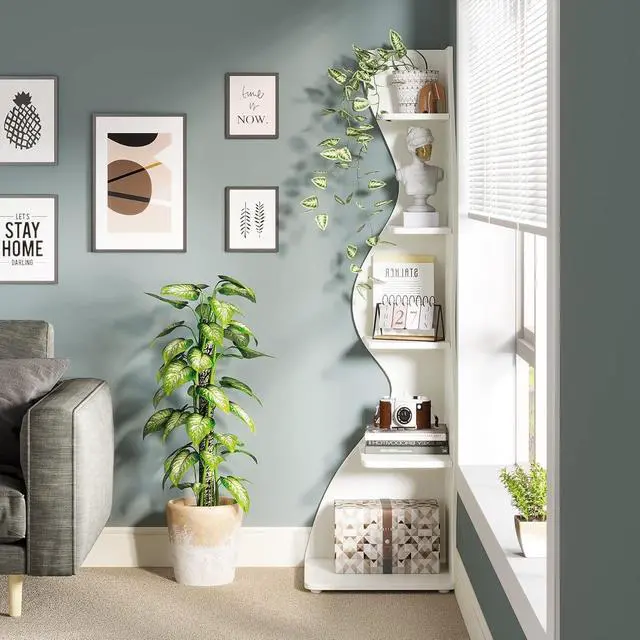 Alt view image 5 of 7 - 5-Tier Modern Wall Corner Bookshelf, Unique Sea Grass-Inspired Storage Rack Plant Stand, Stylish Small Corner Bookcase for Living Room Home Office, White (1PC)