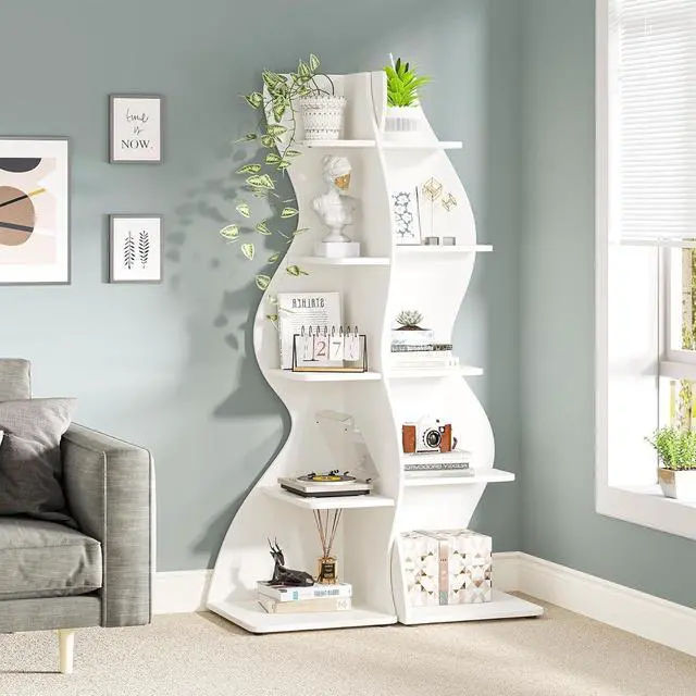 Alt view image 6 of 7 - 5-Tier Modern Wall Corner Bookshelf, Unique Sea Grass-Inspired Storage Rack Plant Stand, Stylish Small Corner Bookcase for Living Room Home Office, White (1PC)