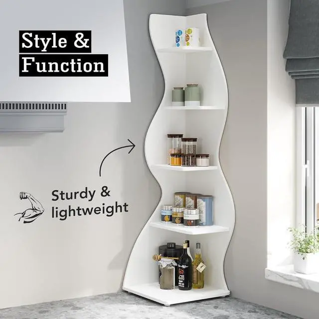 Alt view image 7 of 7 - 5-Tier Modern Wall Corner Bookshelf, Unique Sea Grass-Inspired Storage Rack Plant Stand, Stylish Small Corner Bookcase for Living Room Home Office, White (1PC)