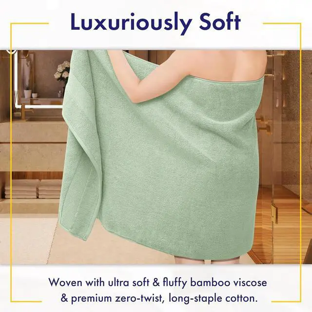 Alt view image 2 of 5 - 6 Piece Viscose from Bamboo Zero Twist Cotton Bath Towel Set 700 GSM Absorbent Quick Dry Eucalyptus Green Bathroom Towels