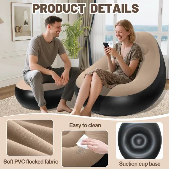 Alt view image 2 of 7 - 2 Pack Inflatable Chair with Ottoman for Adults, Flocked Surface Waterproof Blow Up Lounger, Portable Inflatable Couch for Camping Gaming Indoor Outdoor Use (Without Pump)