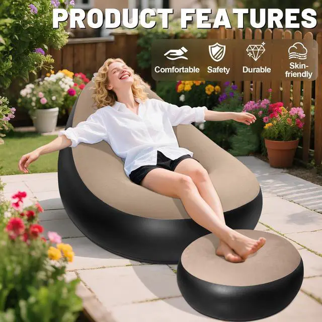 Alt view image 3 of 7 - 2 Pack Inflatable Chair with Ottoman for Adults, Flocked Surface Waterproof Blow Up Lounger, Portable Inflatable Couch for Camping Gaming Indoor Outdoor Use (Without Pump)