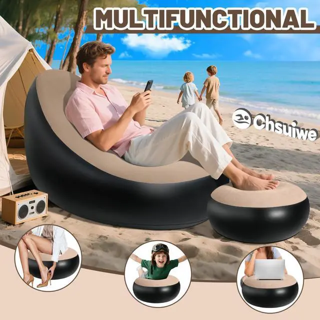 Alt view image 5 of 7 - 2 Pack Inflatable Chair with Ottoman for Adults, Flocked Surface Waterproof Blow Up Lounger, Portable Inflatable Couch for Camping Gaming Indoor Outdoor Use (Without Pump)