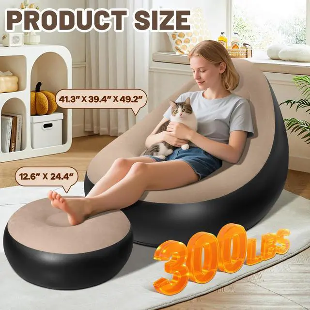 Alt view image 6 of 7 - 2 Pack Inflatable Chair with Ottoman for Adults, Flocked Surface Waterproof Blow Up Lounger, Portable Inflatable Couch for Camping Gaming Indoor Outdoor Use (Without Pump)
