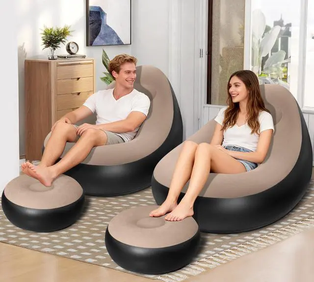 Main image of 2 Pack Inflatable Chair with Ottoman for Adults, Flocked Surface Waterproof Blow Up Lounger, Portable Inflatable Couch for Camping Gaming Indoor Outdoor Use (Without Pump)