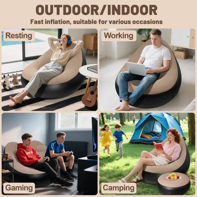 Alt view image 7 of 7 - 2 Pack Inflatable Chair with Ottoman for Adults, Flocked Surface Waterproof Blow Up Lounger, Portable Inflatable Couch for Camping Gaming Indoor Outdoor Use (Without Pump)