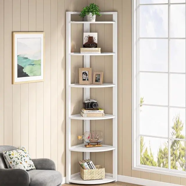 Main image of 6-Tier 70.9 Inch Tall Corner Shelf, 0.6" Thick Board & Metal Frame Storage Rack, Modern Small Bookcase for Living Room Home Office Kitchen Small Space White