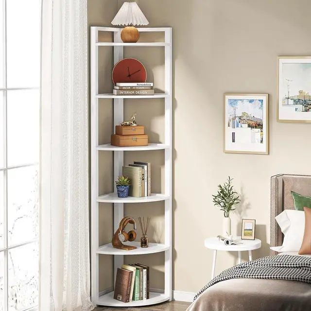 Alt view image 3 of 7 - 6-Tier 70.9 Inch Tall Corner Shelf, 0.6" Thick Board & Metal Frame Storage Rack, Modern Small Bookcase for Living Room Home Office Kitchen Small Space White