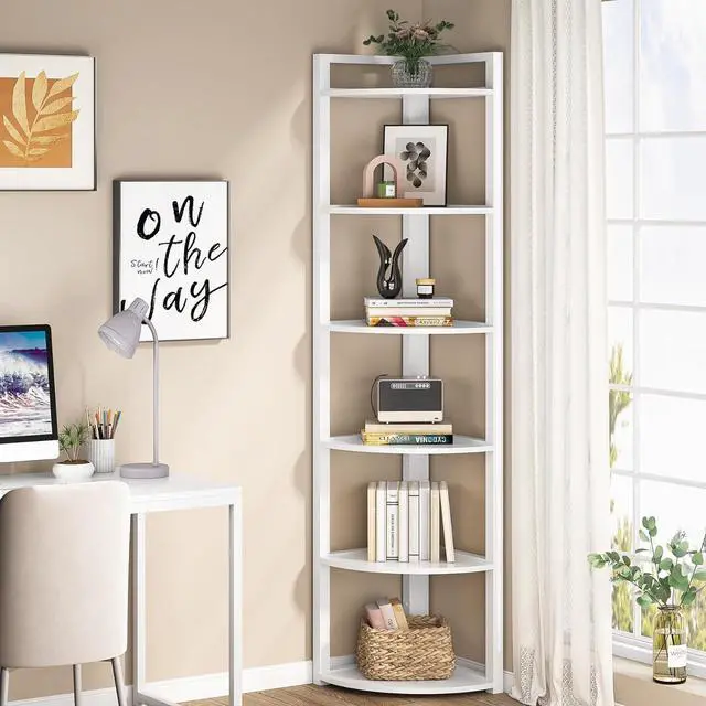 Alt view image 4 of 7 - 6-Tier 70.9 Inch Tall Corner Shelf, 0.6" Thick Board & Metal Frame Storage Rack, Modern Small Bookcase for Living Room Home Office Kitchen Small Space White