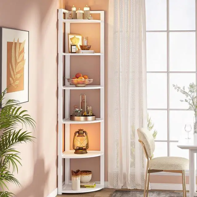 Alt view image 5 of 7 - 6-Tier 70.9 Inch Tall Corner Shelf, 0.6" Thick Board & Metal Frame Storage Rack, Modern Small Bookcase for Living Room Home Office Kitchen Small Space White