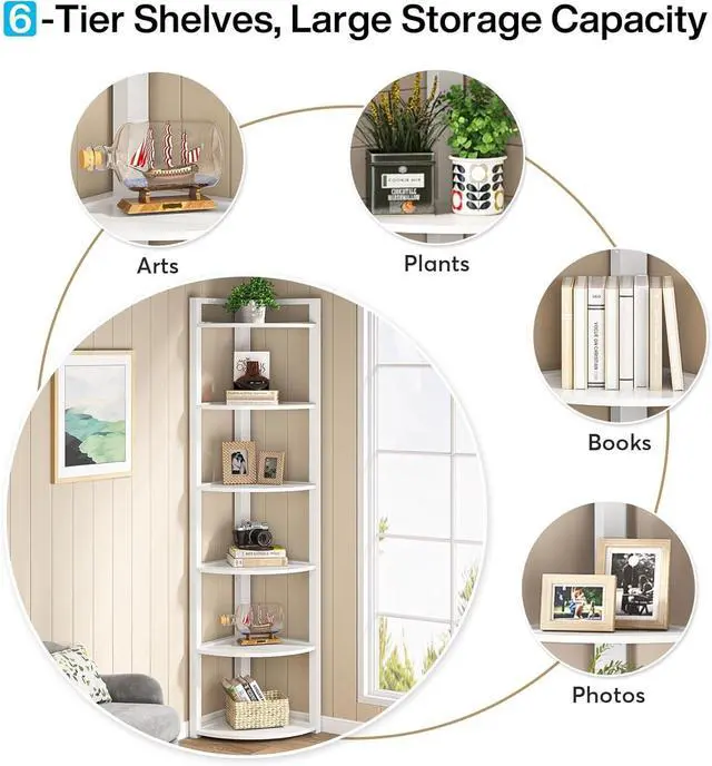 Alt view image 6 of 7 - 6-Tier 70.9 Inch Tall Corner Shelf, 0.6" Thick Board & Metal Frame Storage Rack, Modern Small Bookcase for Living Room Home Office Kitchen Small Space White