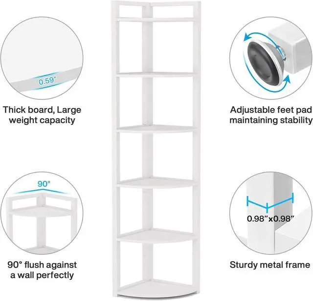 Alt view image 7 of 7 - 6-Tier 70.9 Inch Tall Corner Shelf, 0.6" Thick Board & Metal Frame Storage Rack, Modern Small Bookcase for Living Room Home Office Kitchen Small Space White