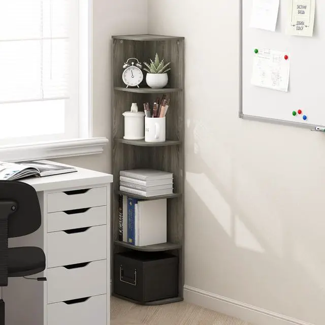 Alt view image 2 of 7 - 5-Tier Corner Bookshelf with Curved Open Shelves, Composite Wood Standing Storage Rack for Living Room Bedroom Home Office, French Oak 9.3x12x51.7 Inch