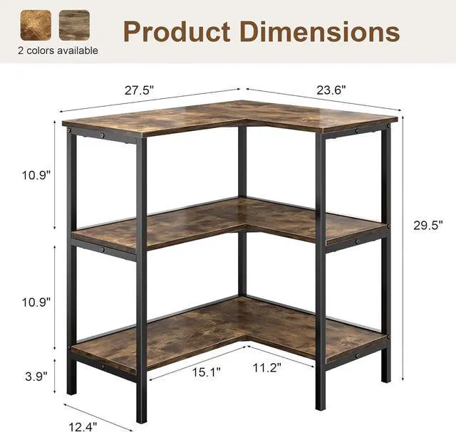 Alt view image 2 of 7 - L-Shaped Corner Storage Stand 3 Tier Open Shelf, Metal Frame & Engineered Wood Organizer for Home Office Kitchen Living Room, Brown